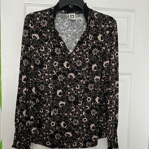 Anne Klein Black and Cream Floral Blouse